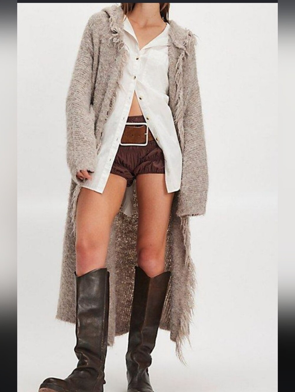 Free People Long Taupe Plush Open-Front Cardigan